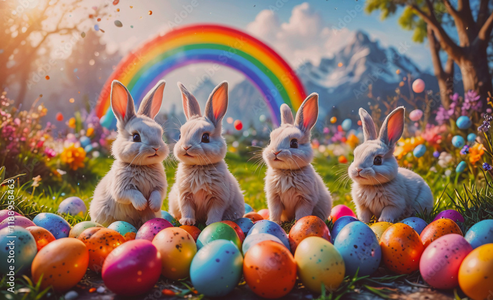 Poster four white rabbits are sitting on a field of easter eggs. the eggs are in various colors, including 