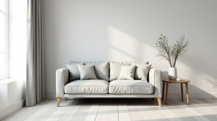 Fototapeta premium Serene living room interior with light-toned sofa, minimalist decor, and natural light illuminating the space