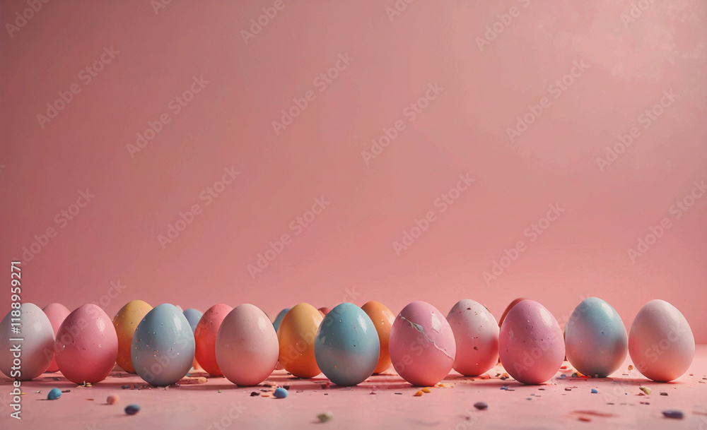 Poster row of colorful eggs are scattered on a pink background. the eggs are of different colors, including