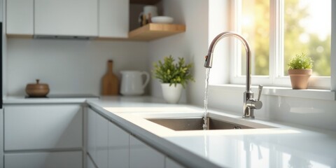 Modern kitchen sink with sleek faucet and sunlight streaming through window