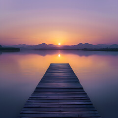 Obraz premium Tranquil Sunset Over a Serene Lake with Distant Mountain Silhouettes and Wooden Dock