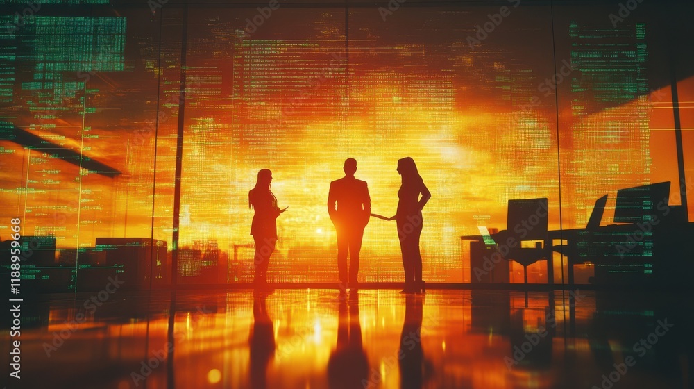 Aufkleber backlit businesspeople working tohether in abstract blurry office interior with business charts and 