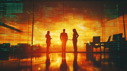 Backlit businesspeople working tohether in abstract blurry office interior with business charts and binary code. System engineering and digital transformation concept. Double exposure