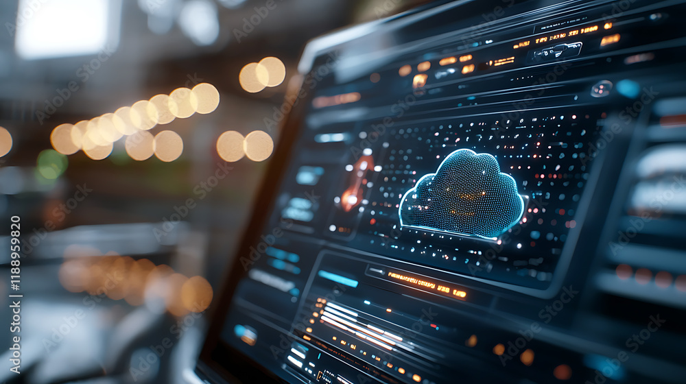 Poster cloud data visualization modern workspace digital interface technology hub close-up view innovative 