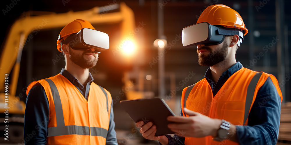 Aufkleber construction workers using vr headsets and a tablet to review a project. modern technology in constr