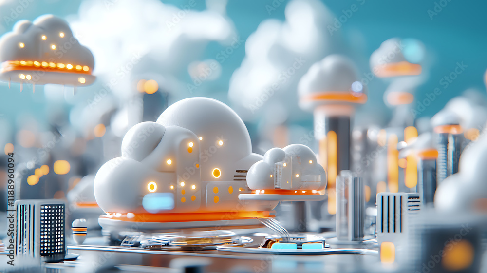 Poster futuristic cloud computing cityscape virtual environment 3d visualization dynamic technology stunnin
