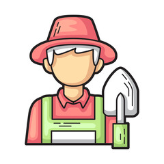 Farmer with shovel tends garden, suitable for agriculture, gardening, farming, and sustainable living concepts in designs, websites, or social media