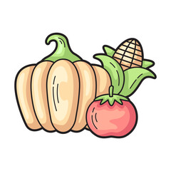 Vegetables sticker design with pumpkin, corn, and tomato, perfect for food related projects, recipe cards, kitchen decor, or farmers market promotions