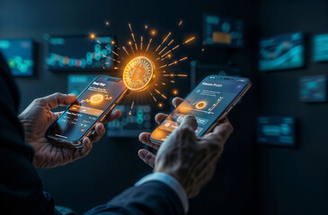 A welldressed man in a formal suit is holding two mobile phones in his hands