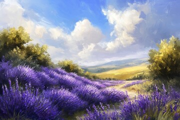 Fototapeta premium Lavender Fields Rolling Hills Sunny Sky Landscape