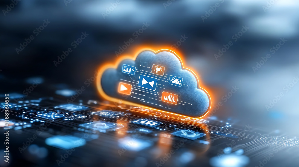 Poster cloud computing innovations digital landscape graphic design tech environment visual perspective fut