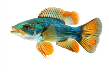 A vibrant fish with bright orange and blue scales, showcasing intricate fins and a dynamic shape, swimming against a plain white background.