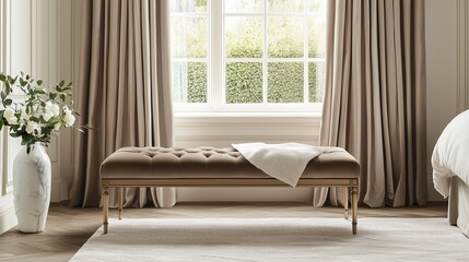 Contemporary Bedroom with Elegant Bench and Soft Neutral Decor
