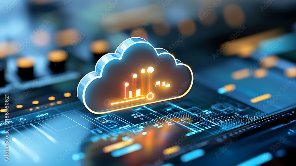 Poster cloud data management visualization digital workspace infographic high-tech environment isometric vi