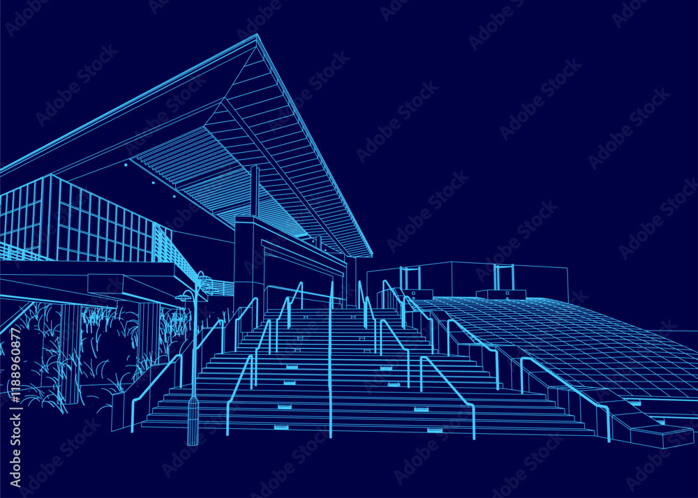 Poster blue drawing of a building with stairs and a ramp. the building is a large, modern structure with a 
