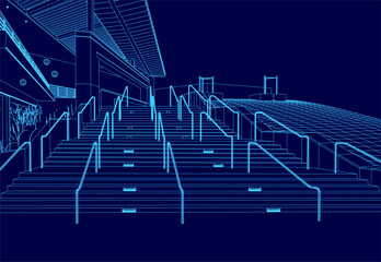 Blue image of a stadium with stairs and railings. The image is in blue and has a futuristic feel to it © German Ovchinnikov