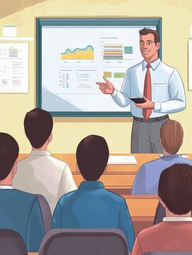 A man is giving a presentation to a group of people in a classroom. The presentation is about graphs and charts illustration