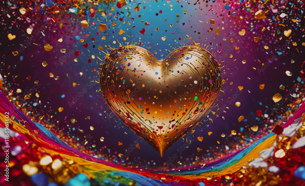 Poster Gold heart with many colorful pieces of paper surrounding it. The heart is in the center of the image