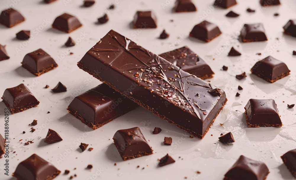 Poster bar of chocolate with a few pieces of it on the ground. the bar is cut into squares