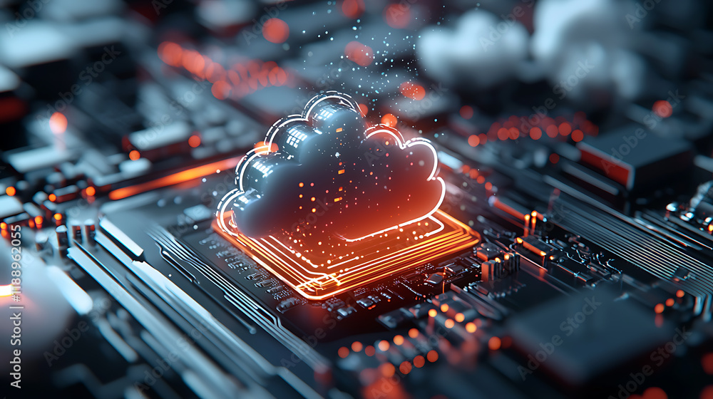 Poster cloud computing innovations on circuit boards technology lab digital art high-tech environment close