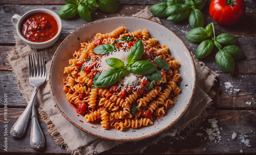 Poster plate of pasta with basil and cheese on top. a fork and a spoon are on the table