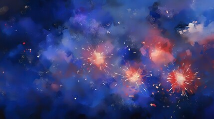 Fototapeta premium Vibrant Colorful Fireworks Display Over a Night Sky with Hues of Blue and Red in Abstract Artistic Style, Capturing the Joy of Celebration and Festivities