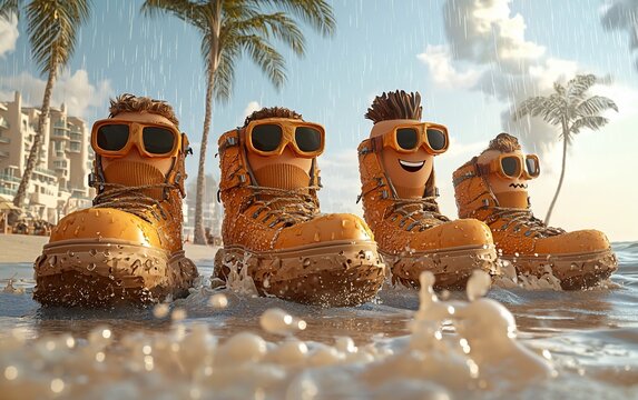 Four happy cartoon boots walking on beach.