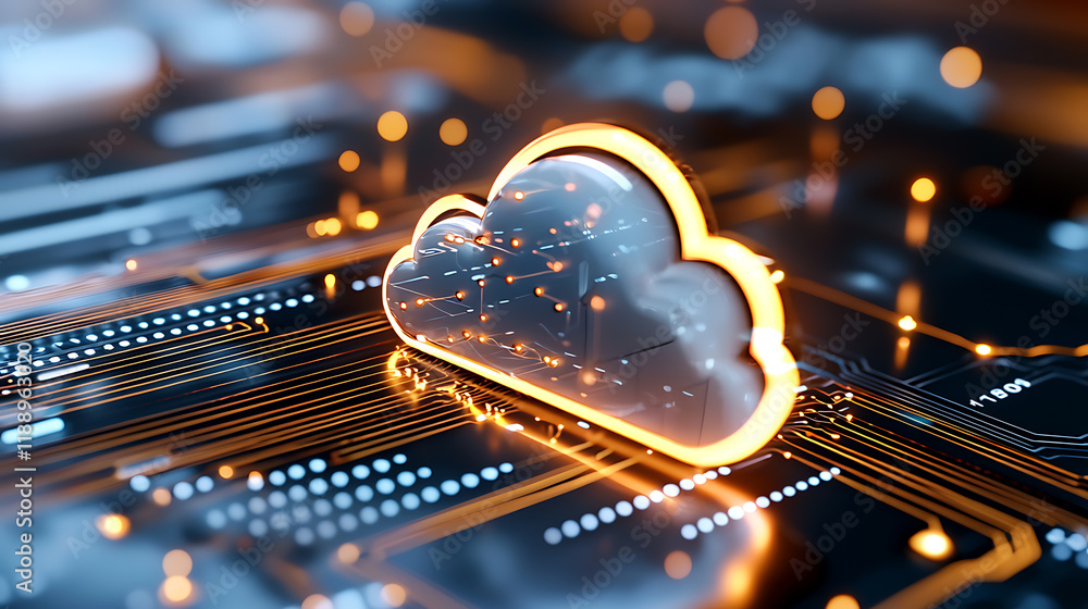 Poster cloud computing innovation digital circuitry technology visualization modern workspace macro perspec