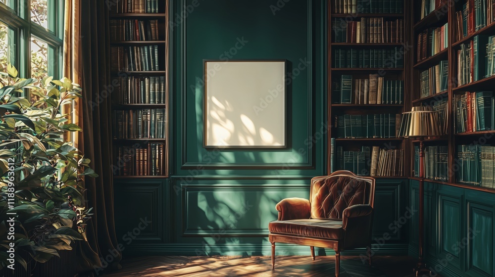 Poster cozy library corner with elegant chair and empty frame for display