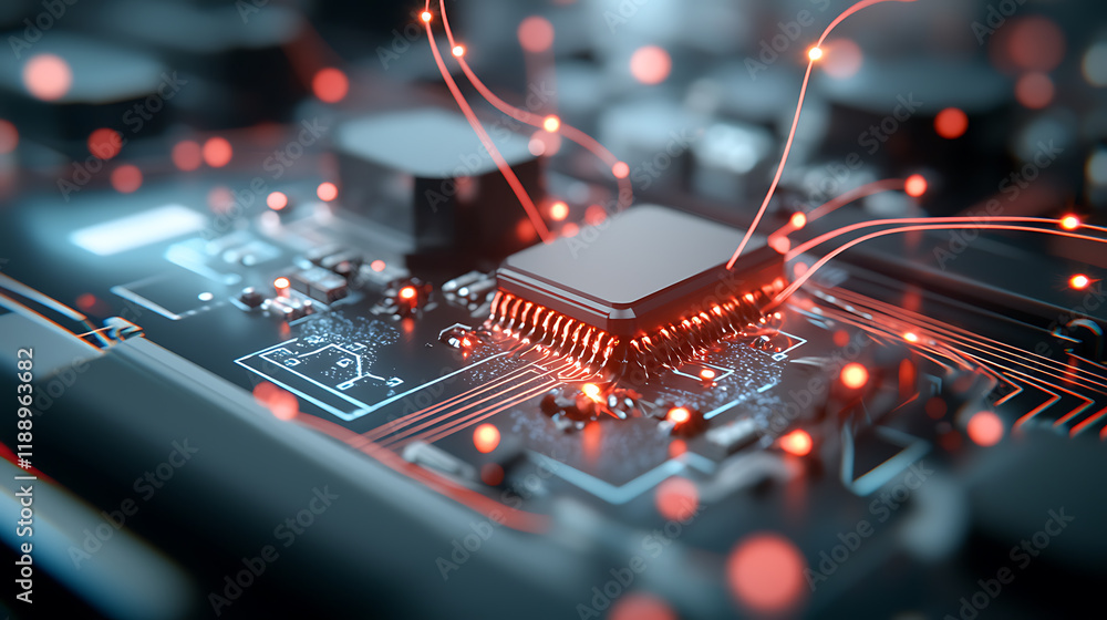 Poster innovative circuit board design tech lab digital art futuristic environment close-up view electronic