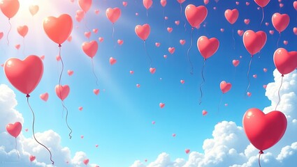 Fondo festivo con globos de corazones rojos en un cielo azul claro y soleado con nubes esponjosas