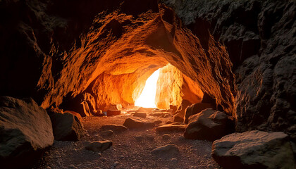 Dramatic sunlight illuminates the exit of a rocky cave, creating a warm, inviting glow.  Large boulders line the path, leading the eye towards the bright opening.