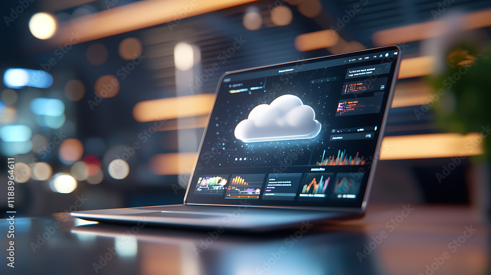 Poster cloud computing dashboard insights modern office technology display nighttime environment close-up v