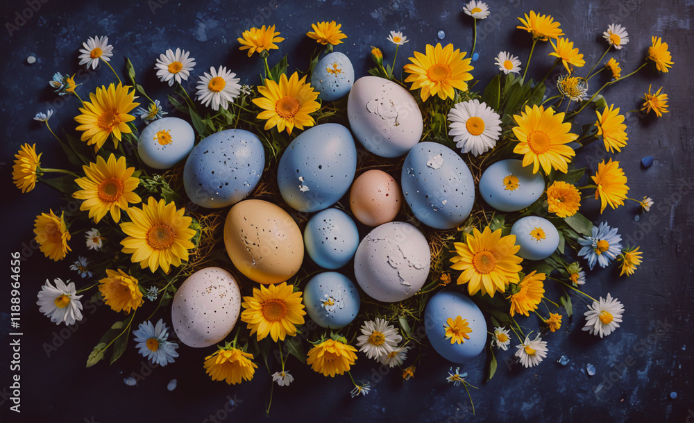 Poster bunch of eggs and flowers on a table. the eggs are in different colors and sizes. the flowers are ye