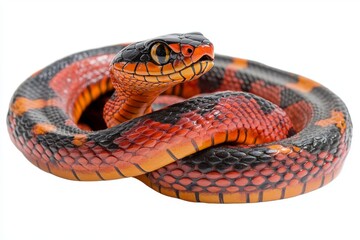 Obraz premium A vibrant snake with striking red and black patterns, coiled elegantly, showcasing its unique coloration and smooth scales.