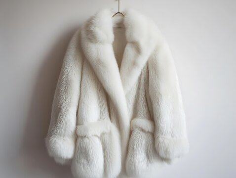 Classic white fur coat hanging on hanger, clean white backdrop, - Powered by Adobe