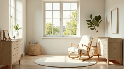 Serene Nursery Room Design with Natural Light and Wooden Furnishings