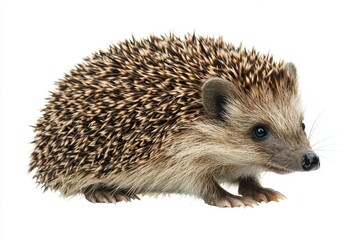 A cute hedgehog with spiky fur stands side-on, showcasing its small ears and pointed snout against a white background.