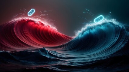 A dramatic, high-contrast photographic image featuring abstract, swirling waves of deep crimson red and cobalt blue hues, evoking a sense of turmoil, with faint, ghostly impressions of pain signals - 