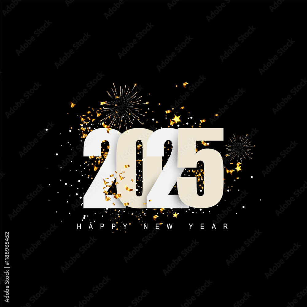 Fototapete 2025 new year typography design with black and-white colors and fireworks. 3d realistic new year cel