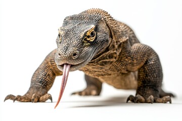 Obraz premium A close-up of a Komodo dragon with its tongue out, showcasing its detailed texture and striking features against a plain background.