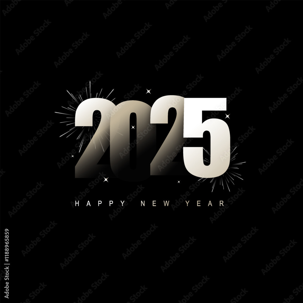 Fototapete 2025 new year typography design with black and-white colors and fireworks. 3d realistic new year cel