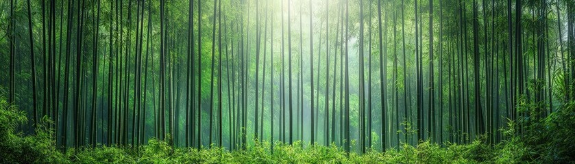 Fototapeta premium Lush Green Bamboo Forest Bathed in Soft Light with Misty Background and Tall Stalks