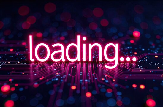 Bright loading text on a circuit board background in vibrant colors during a digital process