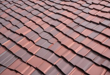 Close-up house roof with steel roofing sheet. Traditional metal shingle tiles. Gray modular tile effect roof panel. Profiled metallic corrugated pantile as clay or concrete slate. Building's covering

