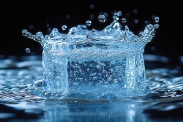 crystal clear water drops and frozen ice cube splash photography with dynamic motion effect and blue liquid swirls for refreshing beverage advertisement