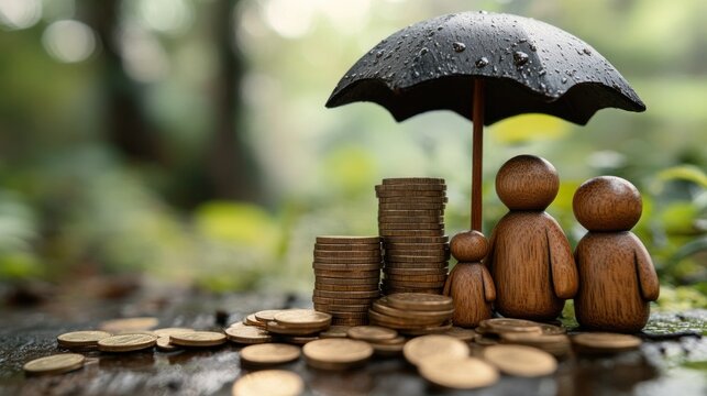 Wooden family figures and coins under a rain umbrella.