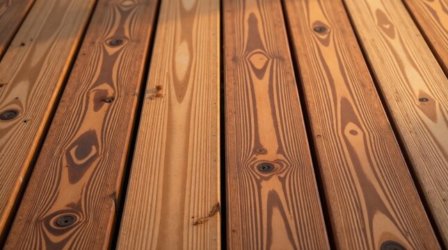 Warm-toned wooden planks arranged in a parallel pattern, showcasing the natural grain and texture of the wood, ideal for backgrounds or design elements.