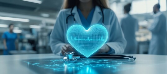 Doctor with Stethoscope and Holographic Heart Healthcare Technology and Medical Innovation Concept