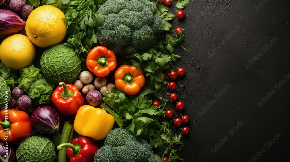 Wall mural a vibrant array of colorful fresh vegetables and fruits displayed on a dark textured surface